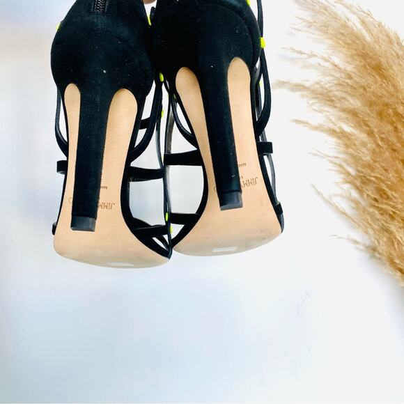 NEW JIMMY CHOO Black Neon Yellow Studded Tina Caged Heel Stiletto Sandals 40 10 - Picture 12 of 16